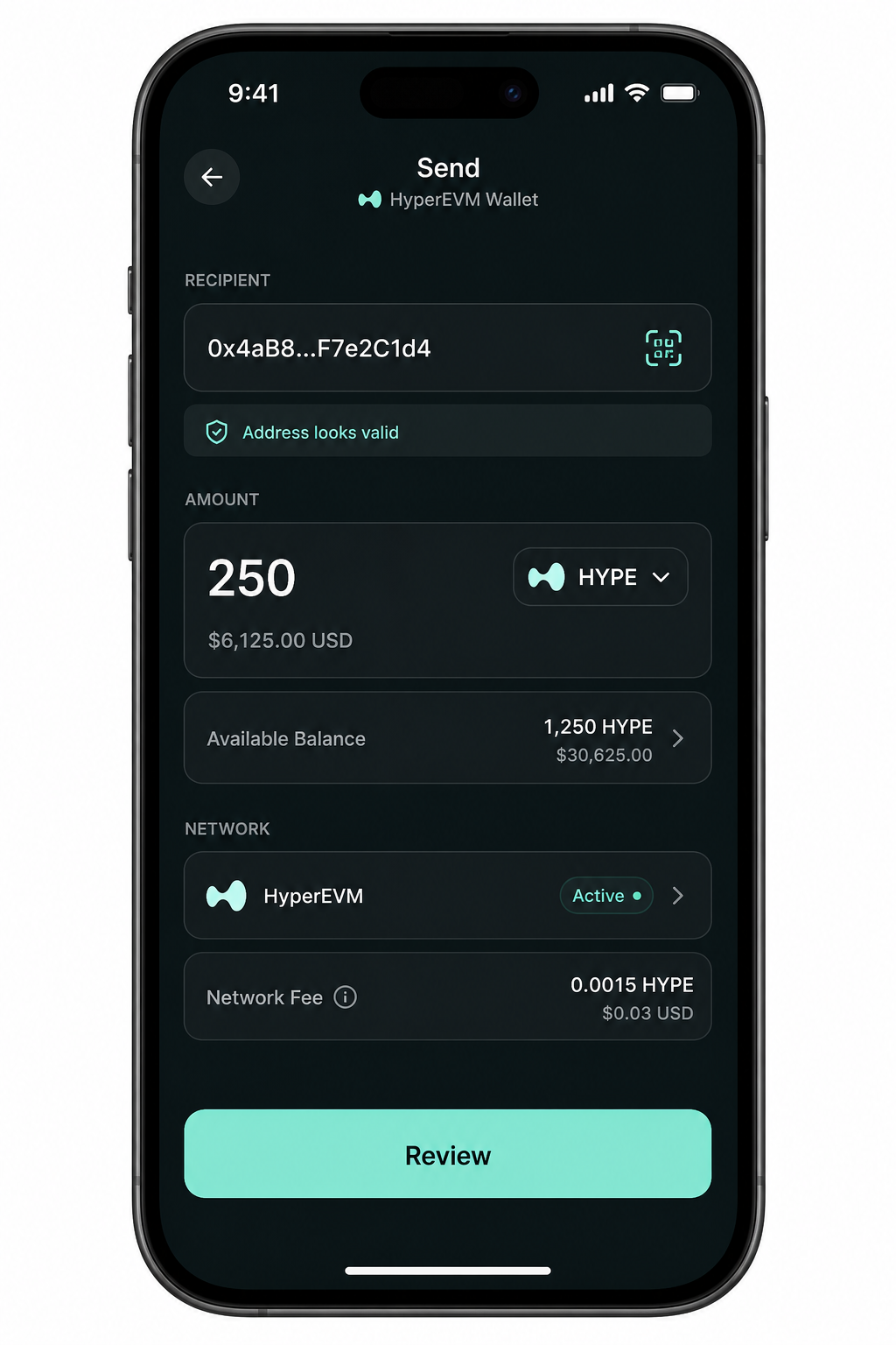 Send tokens screen