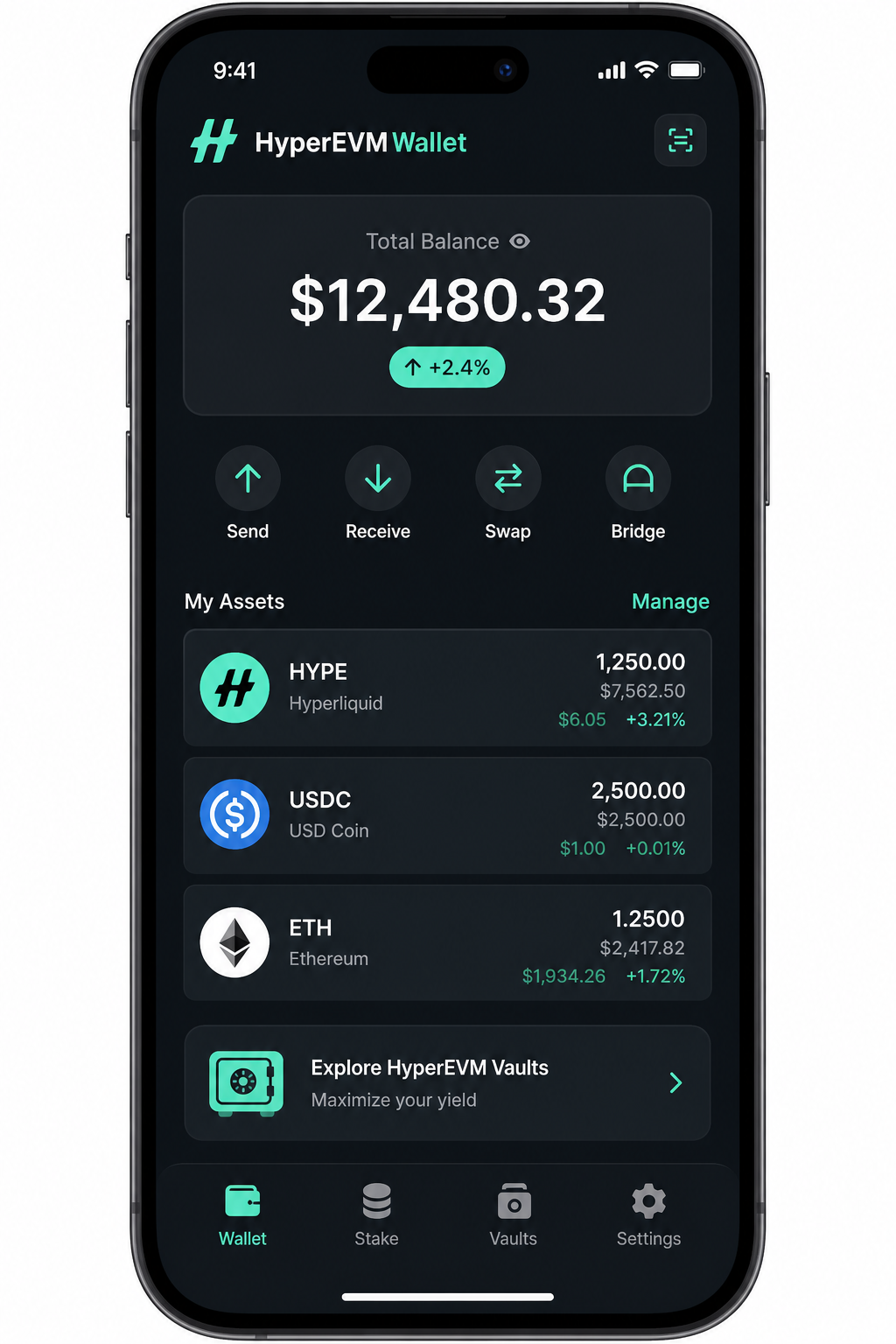 HyperEVM Wallet portfolio screen on iPhone